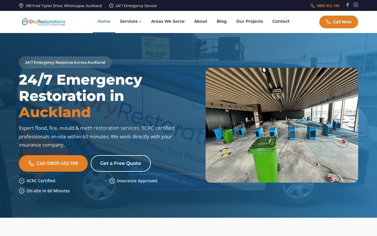 iDry Restorations homepage screenshot